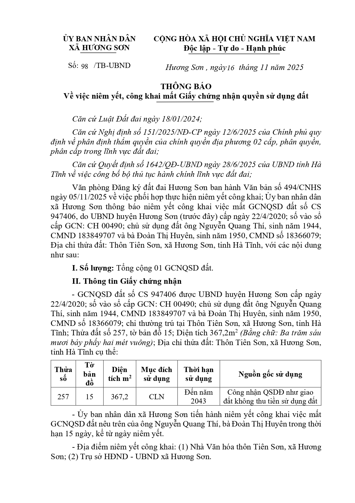 THÔNG BÁO  Về việc niêm yết, công khai mất Giấy chứng nhận quyền sử dụng đất