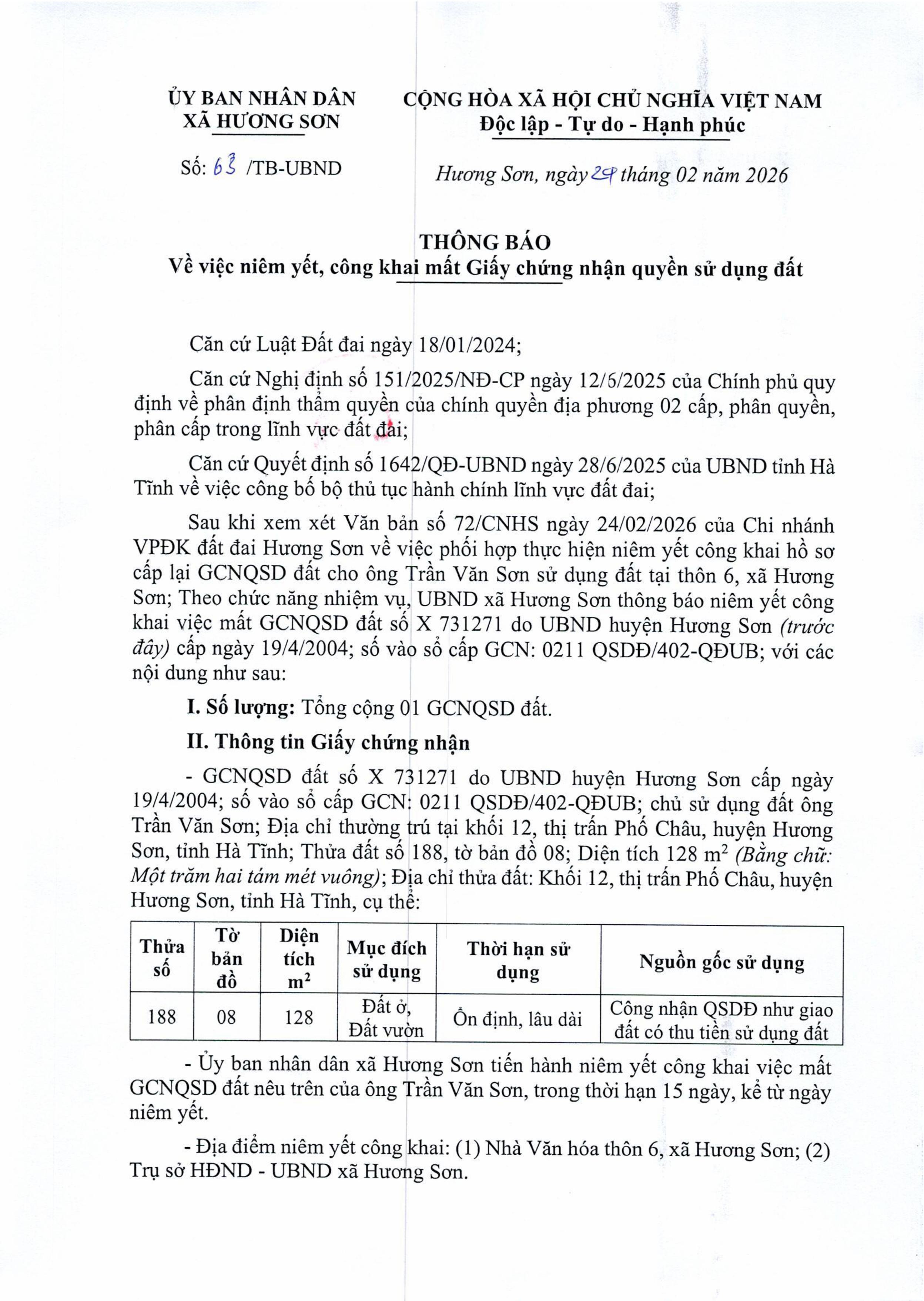 THÔNG BÁO NIÊM YẾT CÔNG KHAI MẤT GIẤY CN QSD ĐẤT