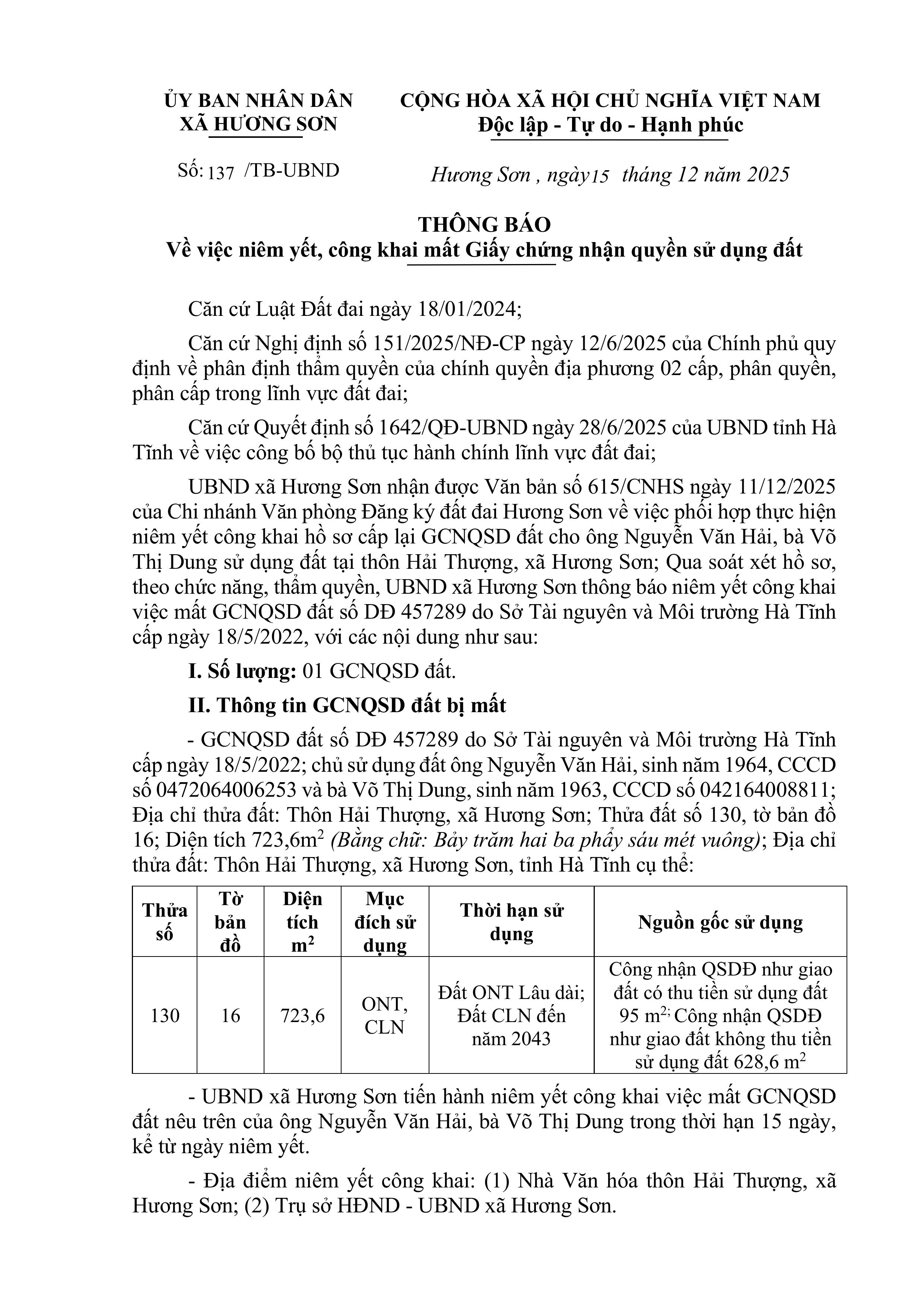 THÔNG BÁO Về việc niêm yết, công khai mất Giấy chứng nhận quyền sử dụng đất