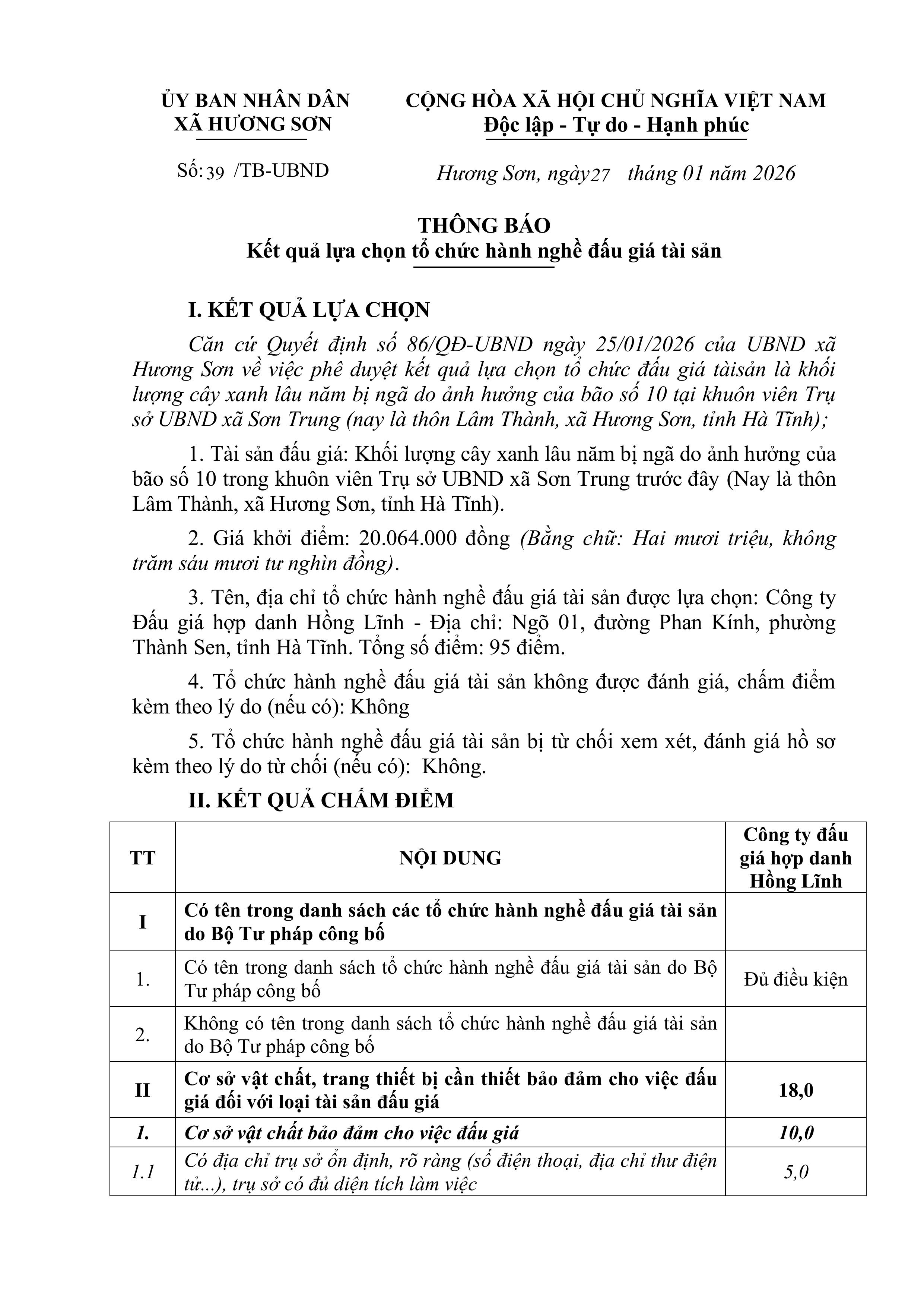 THÔNG BÁO  Kết quả lựa chọn tổ chức hành nghề đấu giá tài sản 