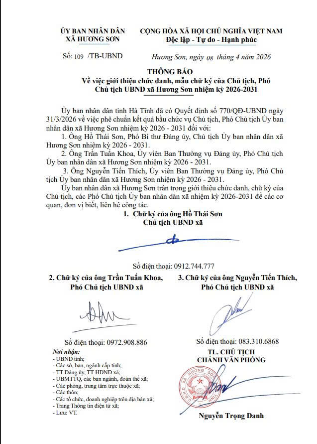 THÔNG BÁO Về việc giới thiệu chức danh, mẫu chữ ký của Chủ tịch, Phó Chủ tịch UBND xã Hương Sơn nhiệm kỳ 2026-2031