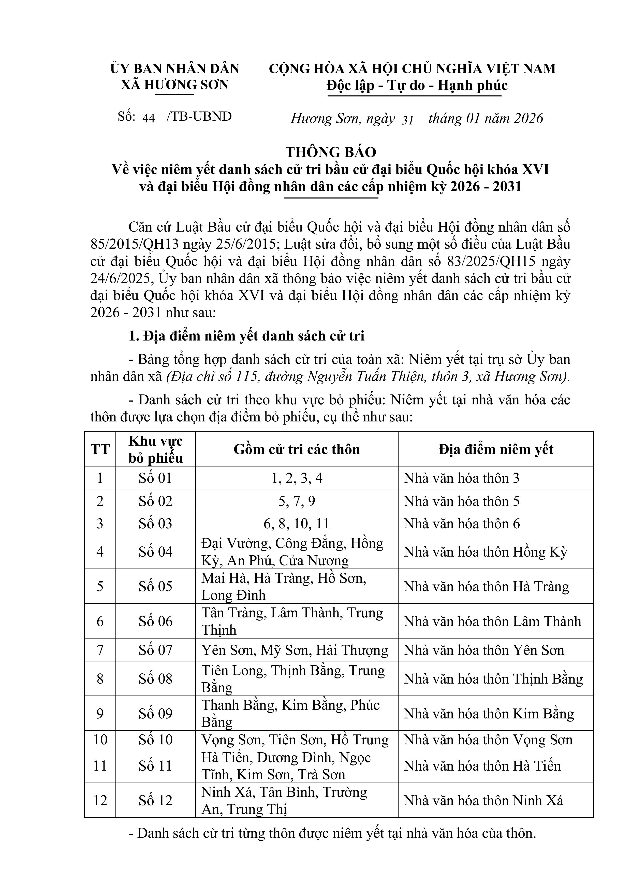 THÔNG BÁO Về việc niêm yết danh sách cử tri bầu cử đại biểu Quốc hội khóa XVI và đại biểu Hội đồng nhân dân các cấp nhiệm kỳ 2026 - 2031