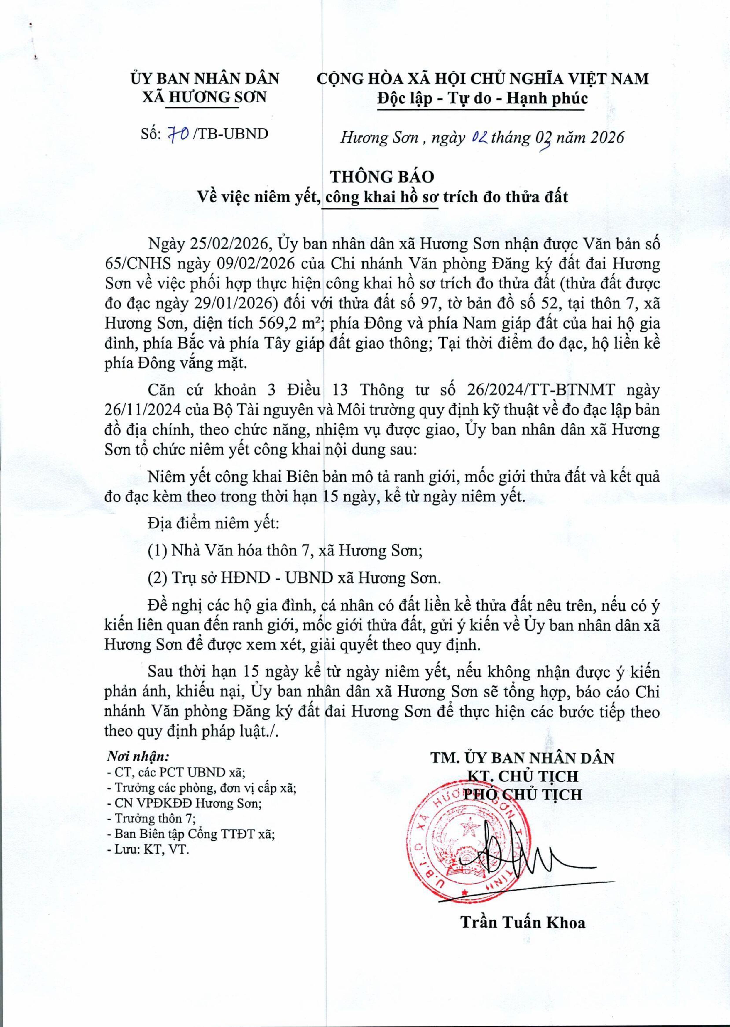 THÔNG BÁO NIÊM YẾT CÔNG KHAI HỒ SƠ TRÍCH ĐO THỬA ĐẤT