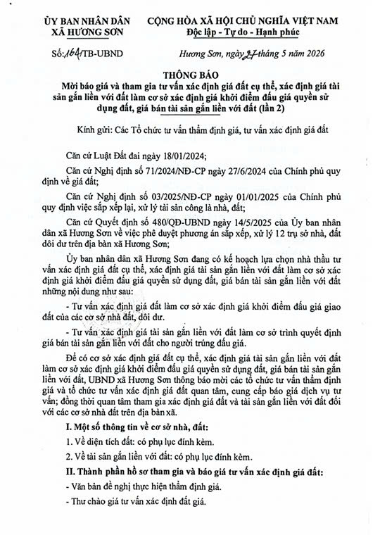 Thông báo lần 2 - Mời báo giá và tham gia tư vấn xác định giá đất cụ thể 