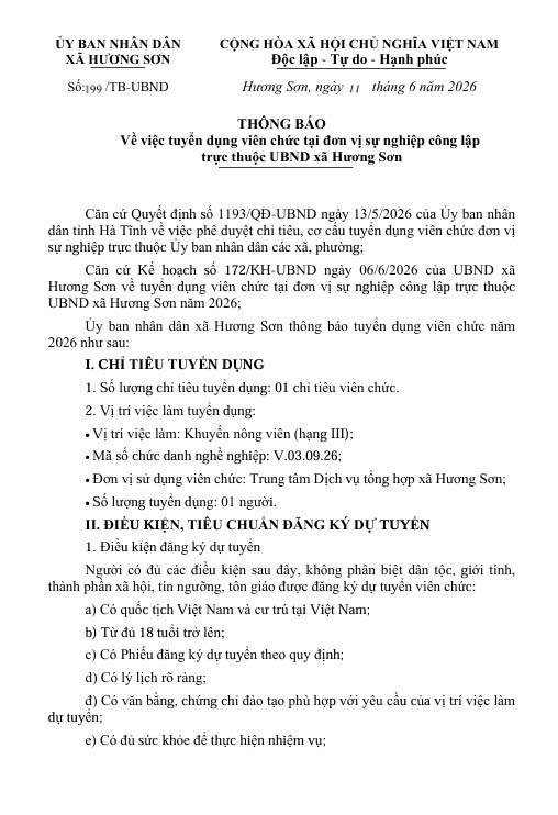 THÔNG BÁO Tuyển dụng viên chức tại đơn vị sự nghiệp công lập  trực thuộc UBND xã Hương Sơn  