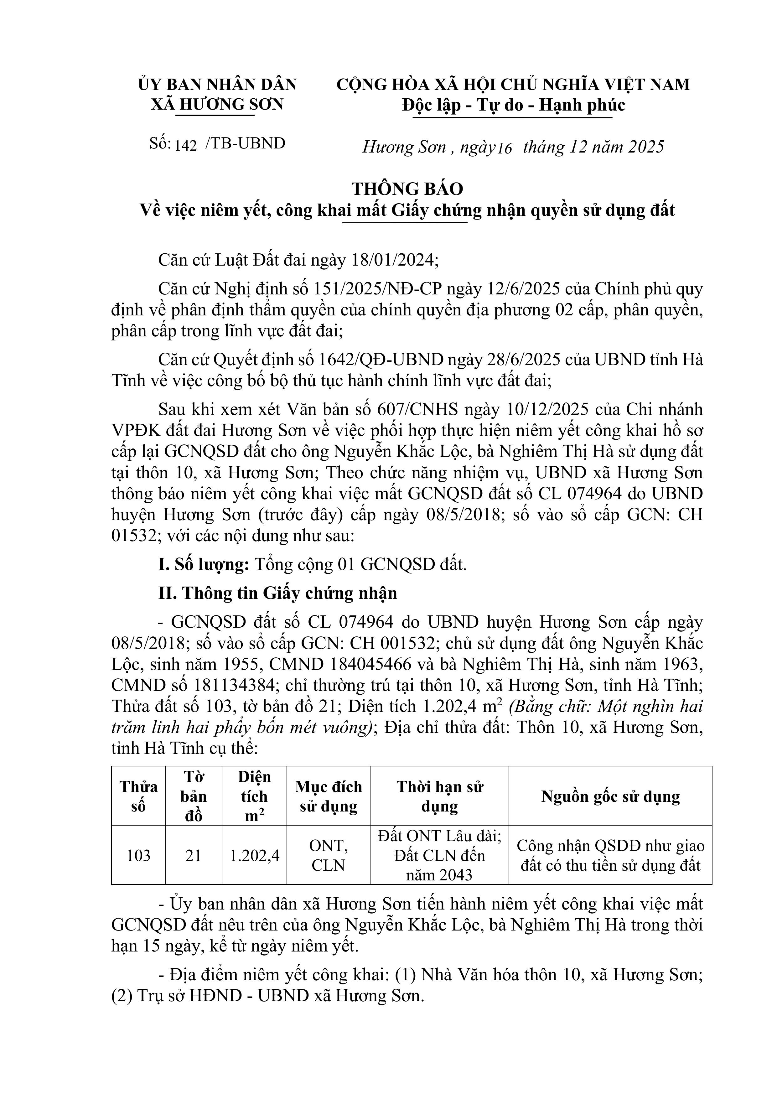 THÔNG BÁO Về việc niêm yết, công khai mất Giấy chứng nhận quyền sử dụng đất