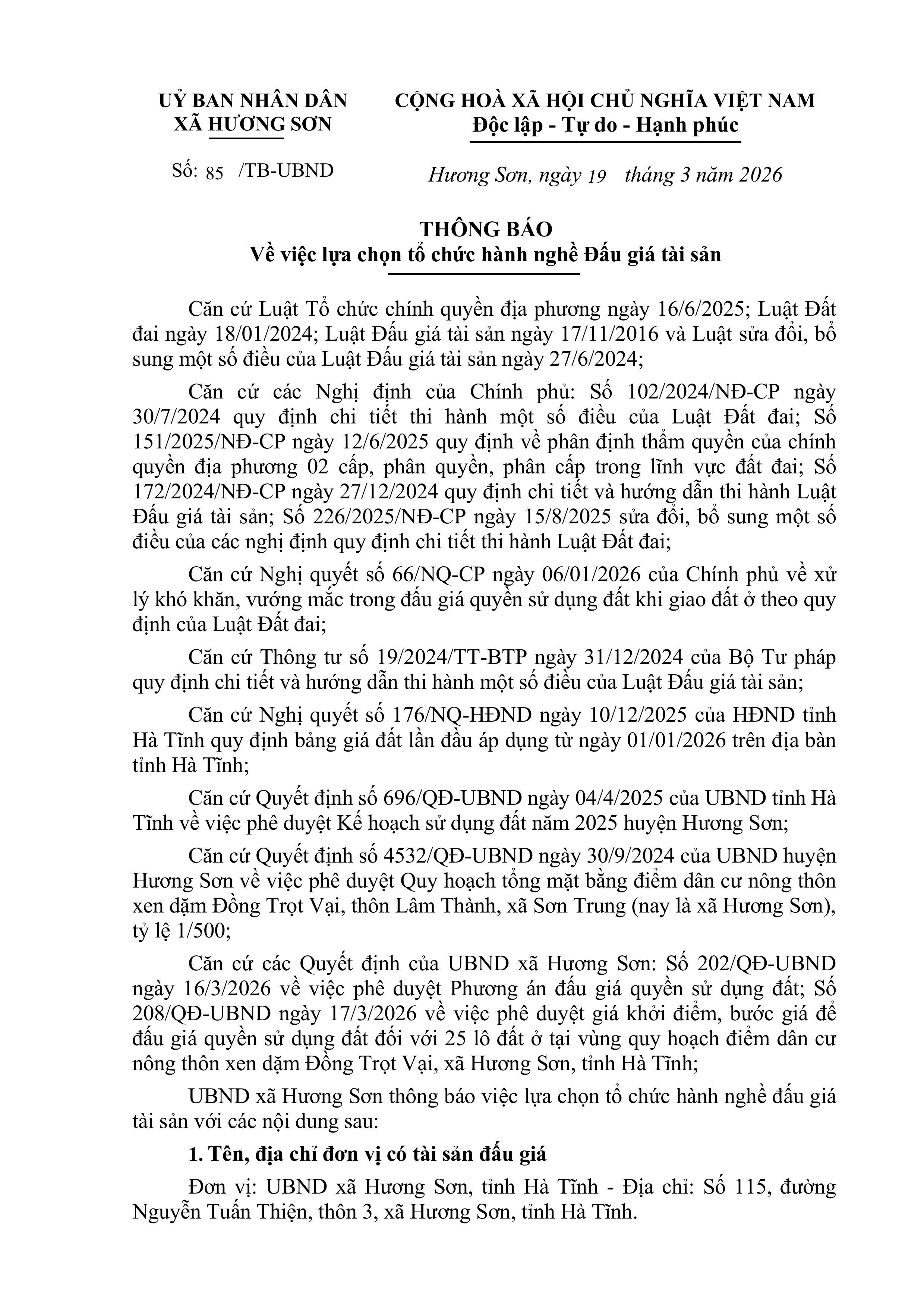 THÔNG BÁO Về việc lựa chọn tổ chức hành nghề Đấu giá tài sản