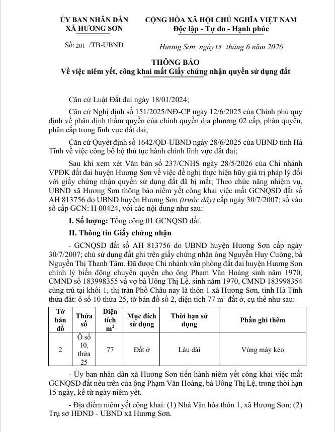 THÔNG BÁO Về việc niêm yết, công khai mất Giấy chứng nhận quyền sử dụng đất 