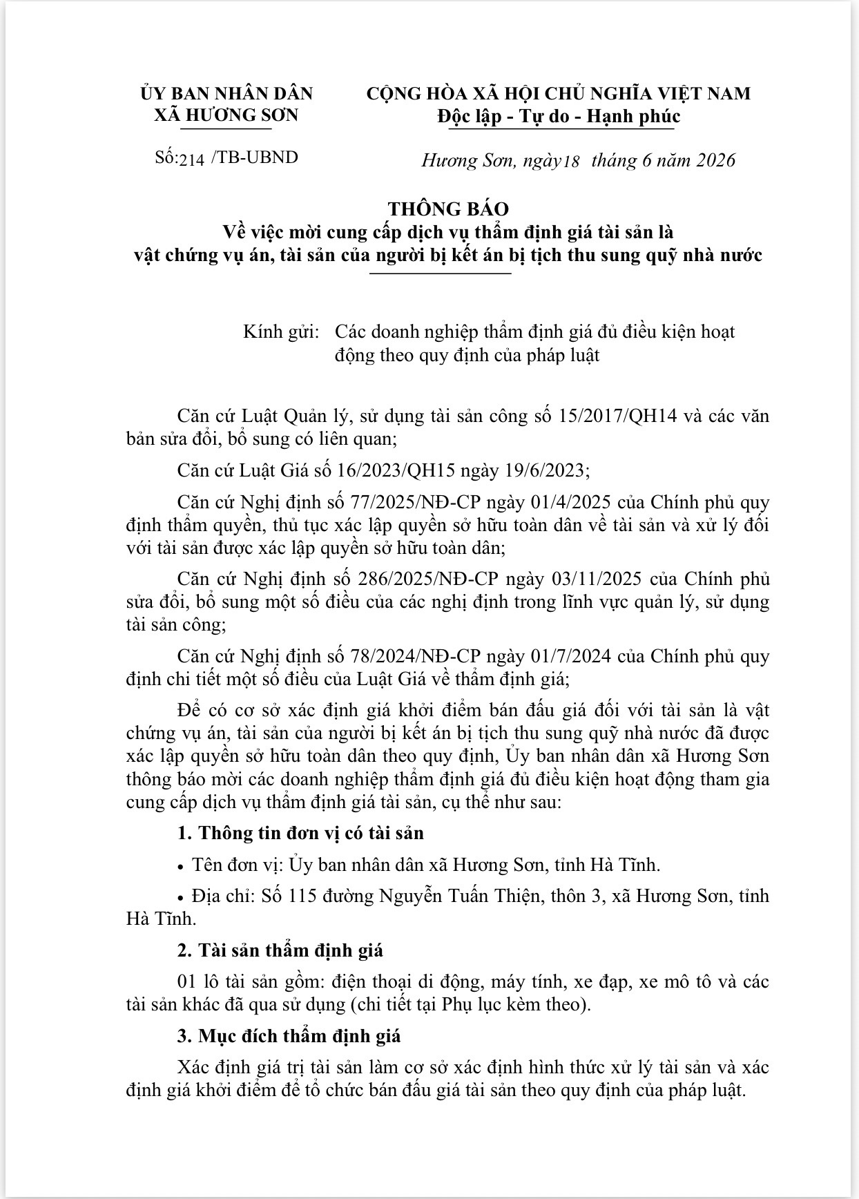 THÔNG BÁO: Về việc mời cung cấp dịch vụ thẩm định giá tài sản là vật chứng vụ án, tài sản của người bị kết án bị tịch thu sung quỹ nhà nước 