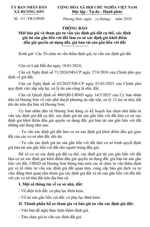 THÔNG BÁO Mời báo giá và tham gia tư vấn xác định giá đất cụ thể, xác định giá tài sản gắn liền với đất làm cơ sở xác định giá khởi điểm đấu giá quyền sử dụng đất, giá bán tài sản gắn liền với đất