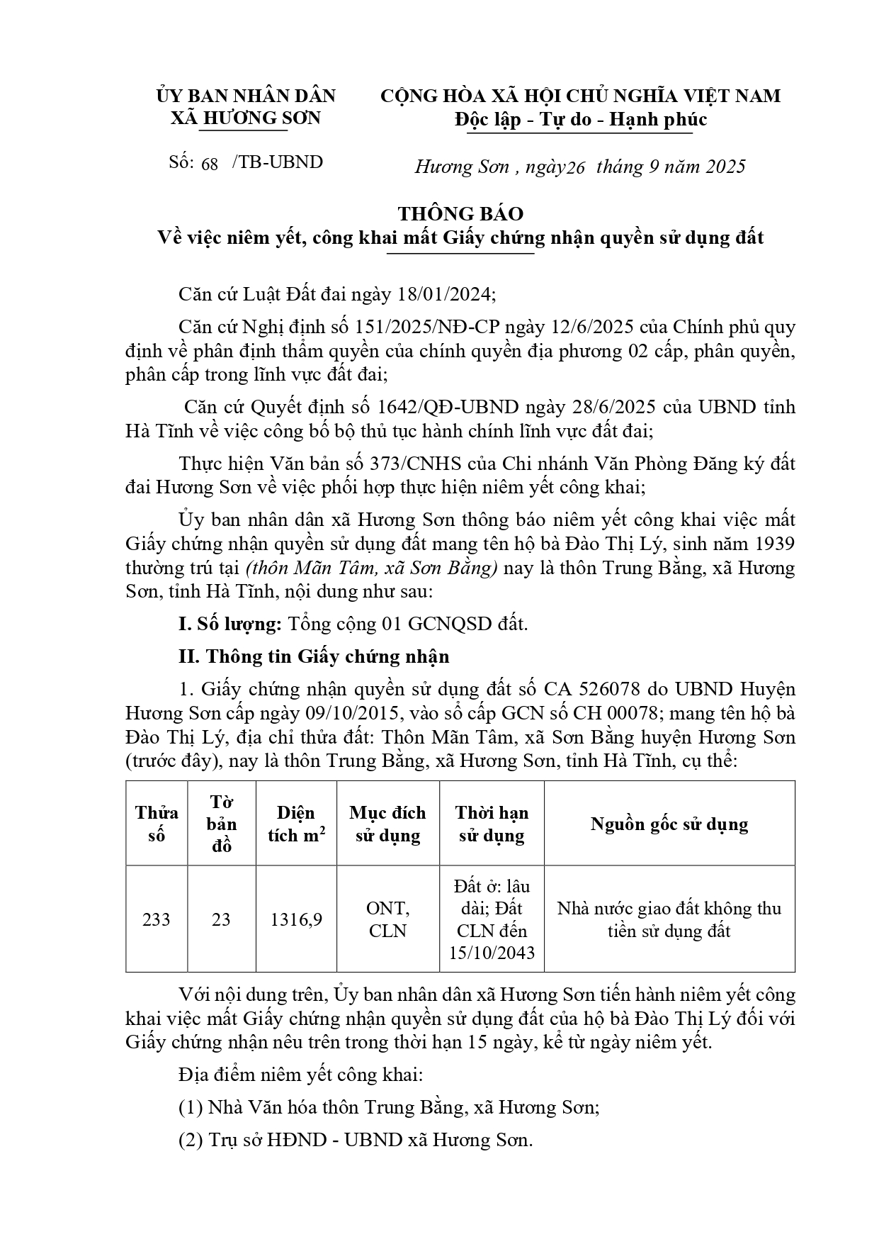 THÔNG BÁO Về việc niêm yết, công khai mất Giấy chứng nhận quyền sử dụng đất
