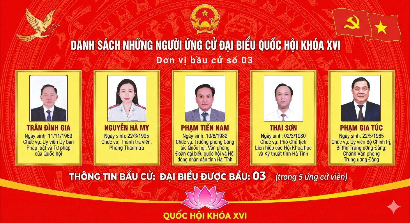 DANH SÁCH 5 NGƯỜI ỨNG CỬ ĐẠI BIỂU QUỐC HỘI KHÓA XVI - TẠI ĐƠN VỊ BẦU CỬ SỐ 3.