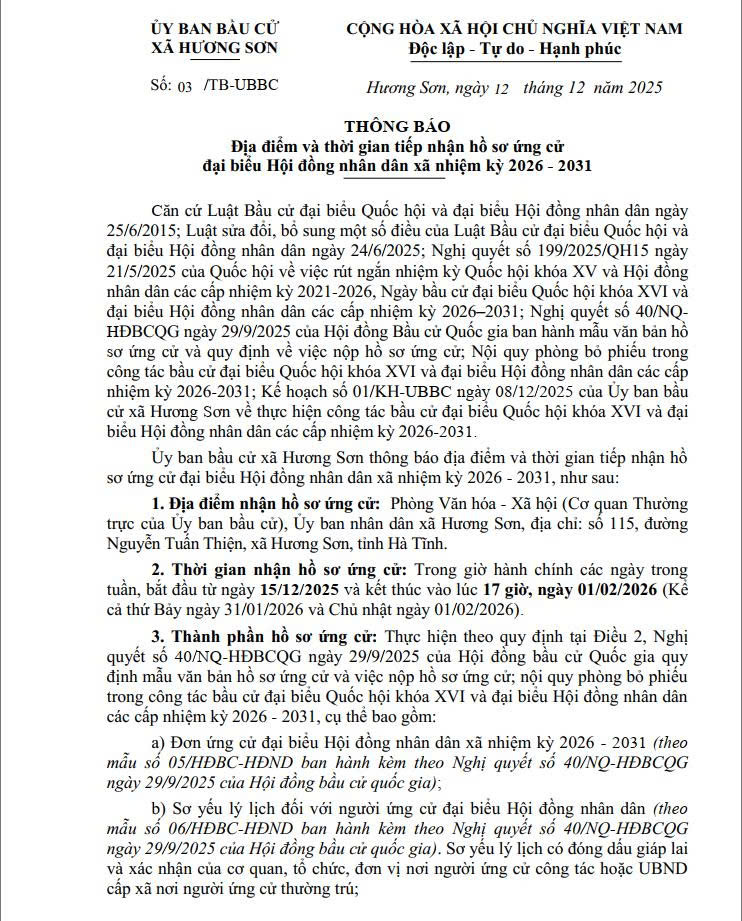 THÔNG BÁO địa điểm và thời gian tiếp nhận hồ sơ ứng cử đại biểu Hội đồng nhân dân xã nhiệm kỳ 2026 - 2031