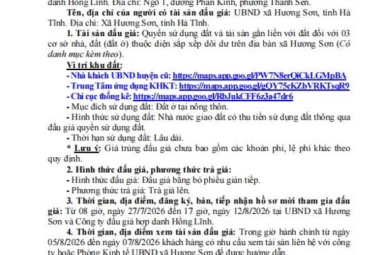 THÔNG BÁO - ĐẤU GIÁ QUYỀN SỬ DỤNG ĐẤT 