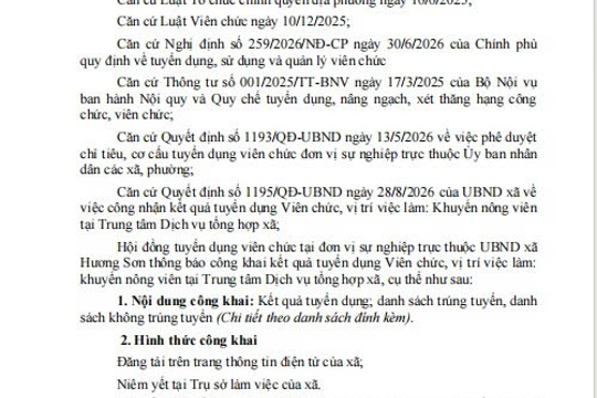 THÔNG BÁO (Công khai kết quả tuyển dụng viên chức - Vị trí việc làm:  Khuyến nông viên, tại Trung tâm Dịch vụ tổng hợp xã) 
