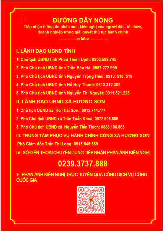UBND xã Hương Sơn công khai đường dây nóng tiếp nhận phản ánh, kiến nghị trong giải quyết thủ tục hành chính