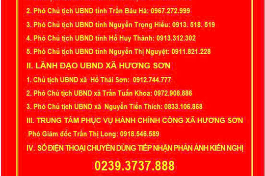 UBND xã Hương Sơn công khai đường dây nóng tiếp nhận phản ánh, kiến nghị trong giải quyết thủ tục hành chính 