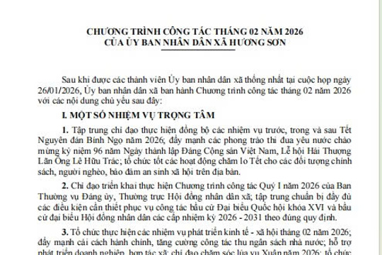 Chương trình công tác tháng 02 năm 2026 của UBND xã Hương Sơn