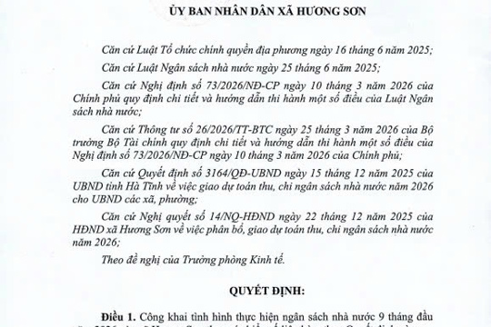 Thông báo  - Quyết định (Về việc công khai tình hình thực hiện ngân sách nhà nước 9 tháng đầu năm 2026) 