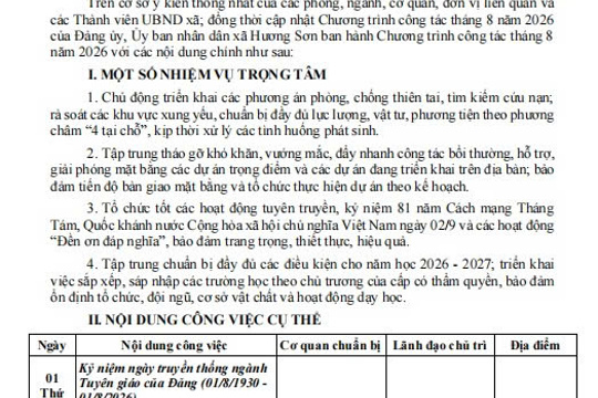 Chương trình công tác tháng 8 năm 2026 của UBND xã Hương Sơn