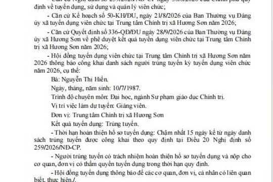  THÔNG BÁO – (Công khai danh sách trúng tuyển kỳ tuyển dụng viên chức tại Trung tâm Chính trị xã Hương Sơn năm 2026) 