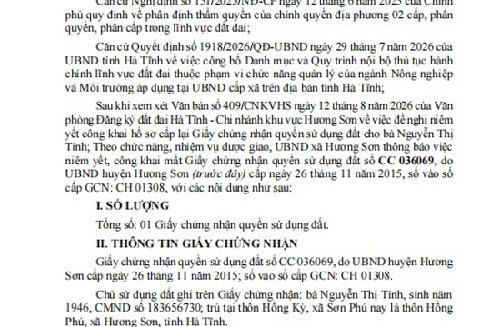 THÔNG BÁO (Về việc niêm yết, công khai mất Giấy chứng nhận quyền sử dụng đất) - cho bà Nguyễn Thị Tính 