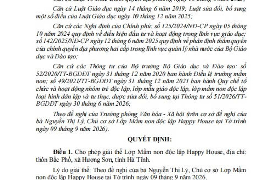 THÔNG BÁO - QUYẾT ĐỊNH (Về việc cho phép giải thể Lớp Mầm non độc lập Happy House) 