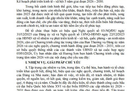 CHƯƠNG TRÌNH Công tác trọng tâm năm 2026 của UBND xã Hương Sơn 
