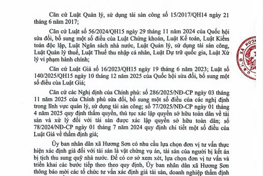 THÔNG BÁO (Mời cung cấp dịch vụ thẩm định giá đối với tài sản là vật chứng vụ án, tài sản của người bị kết án bị tịch thu sung quỹ nhà nước) 
