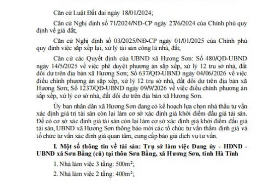 THÔNG BÁO - (Mời báo giá và tham gia tư vấn xác định giá trị tài sản còn lại làm cơ sở xác định giá khởi điểm đấu giá tài sản) 