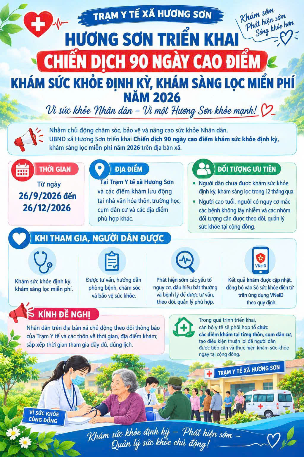 Hương Sơn triển khai chiến dịch 90 ngày cao điểm khám sức khỏe định kỳ, khám sàng lọc miễn phí năm 2026