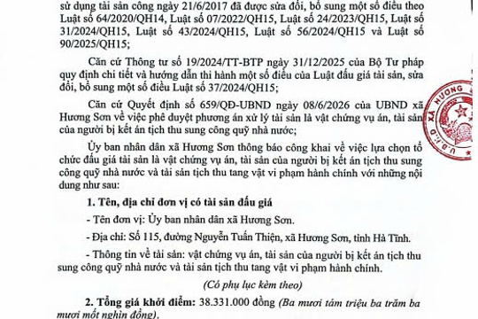 UBND XÃ HƯƠNG SƠN THÔNG BÁO (Về việc lựa chọn tổ chức đấu giá tài sản) 