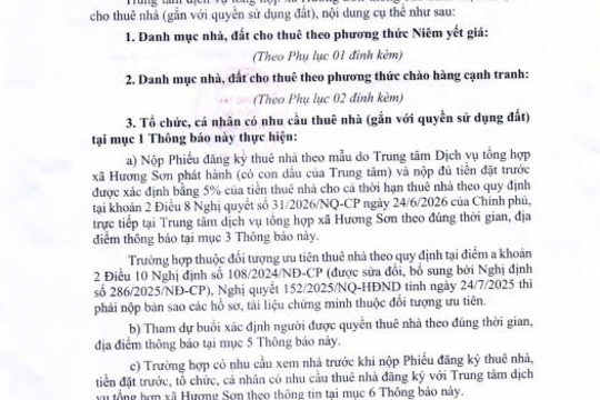 THÔNG BÁO – (Về việc cho thuê nhà do Trung tâm dịch vụ tổng hợp xã Hương Sơn quản lý, khai thác)