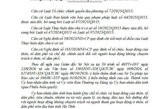 Thông báo: QUYẾT ĐỊNH – (Ban hành Quy chế tổ chức và hoạt động của thôn, tổ dân phố; tiêu chuẩn, nhiệm vụ và việc quản lý, sử dụng, đào tạo, bồi dưỡng đối với người hoạt động không chuyên trách và người tham gia hoạt động ở thôn, tổ dân phố trên địa bàn tỉnh Hà Tĩnh)
