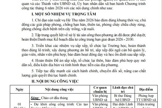 Chương trình công tác tháng 6năm 2026 của UBND xã Hương Sơn