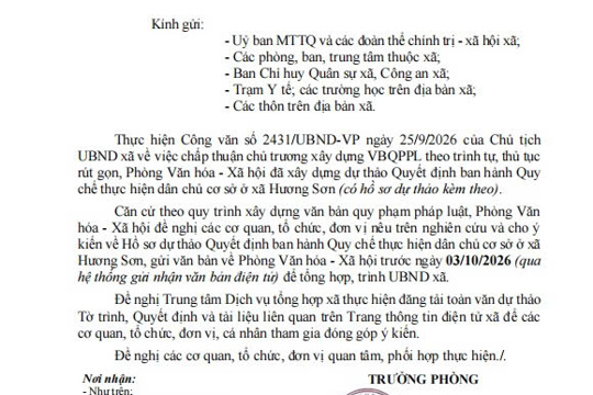Thông báo - V/v lấy ý kiến góp ý Dự thảo Quyết định ban hành Quy chế thực hiện dân chủ cơ sở ở xã Hương Sơn 