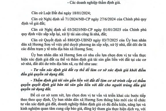 UBND xã Hương Sơn - THÔNG BÁO ( Mời cung cấp báo giá và đăng ký tham gia tư vấn xác định giá đất cụ thể, thẩm định giá tài sản gắn liền với đất để xác định giá khởi điểm đấu giá quyền sử dụng đất và giá bán tài sản gắn liền với đất