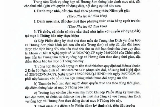 THÔNG BÁO – (Về việc cho thuê nhà do Trung tâm Dịch vụ tổng hợp xã Hương Sơn quản lý, khai thác) 