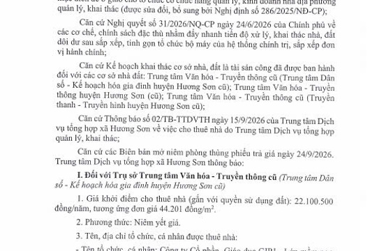 THÔNG BÁO - Kết quả lựa chọn tổ chức, cá nhân được thuê nhà (Gắn với quyền sử dụng đất) không quá 05 năm 