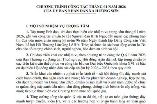 Chương trình công tác tháng 01 năm 2026 của UBND xã Hương Sơn 