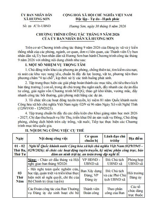 Chương trình công tác tháng 9 năm 2026 của UBND xã Hương Sơn