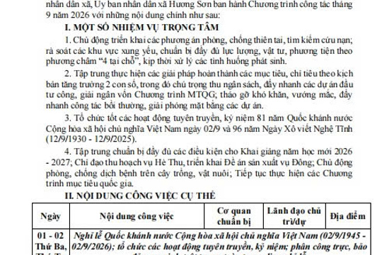 Chương trình công tác tháng 9 năm 2026 của UBND xã Hương Sơn