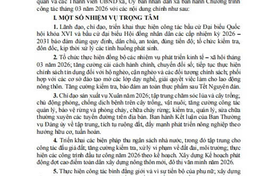 Chương trình công tác tháng 03 năm 2026 của UBND xã Hương Sơn