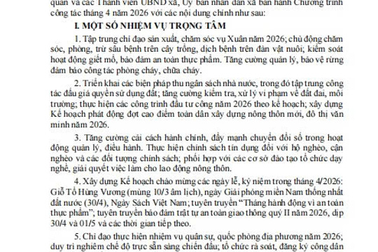 Chương trình công tác tháng 4 năm 2026 của UBND xã Hương Sơn 