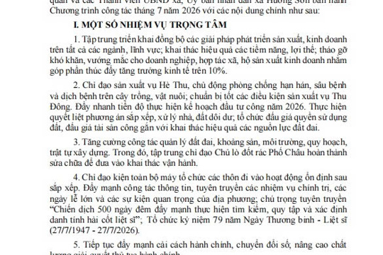 Chương trình công tác tháng 7 năm 2026 của UBND xã Hương Sơn