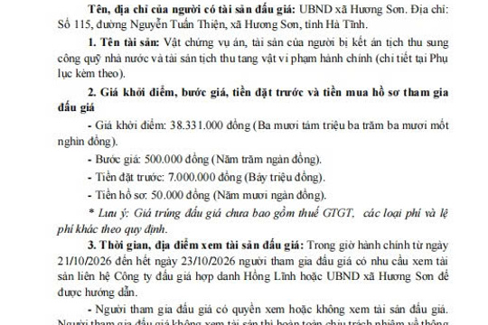 Công ty đấu giá Hợp Danh Hồng Lĩnh - THÔNG BÁO ĐẤU GIÁ (Vật chứng vụ án, tài sản của người bị kết án tịch thu sung công quỹ nhà nước và tài sản tịch thu tang vật vi phạm hành chính)