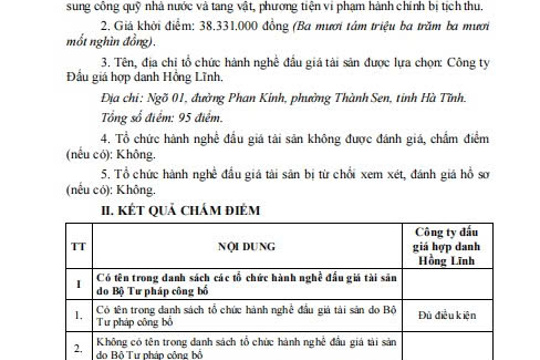 THÔNG BÁO – (Kết quả lựa chọn tổ chức hành nghề đấu giá tài sản) 