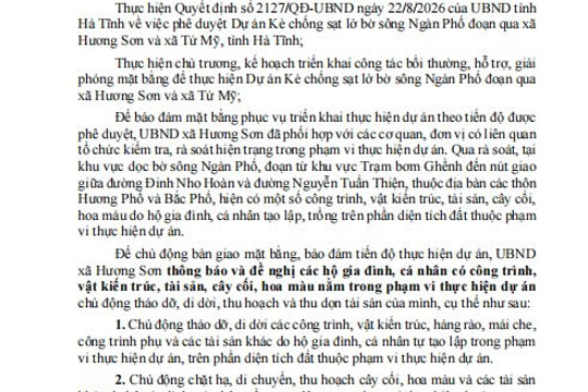 THÔNG BÁO – (Về việc tháo dỡ, di dời công trình, vật kiến trúc, tài sản, cây cối để bàn giao mặt bằng thực hiện Dự án Kè chống sạt lở bờ sông Ngàn Phố)