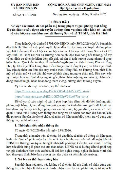 THÔNG BÁO – (Về việc xác minh, di dời phần mộ trong phạm vi giải phóng mặt bằng Dự án đầu tư xây dựng các tuyến đường phục vụ phát triển kinh tế - xã hội và cứu hộ, cứu nạn khu vực xã Hương Sơn và xã Tứ Mỹ, tỉnh Hà Tĩnh)