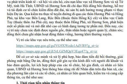 THÔNG BÁO – (Về việc xác minh, di dời phần mộ trong phạm vi giải phóng mặt bằng Dự án đầu tư xây dựng các tuyến đường phục vụ phát triển kinh tế - xã hội và cứu hộ, cứu nạn khu vực xã Hương Sơn và xã Tứ Mỹ, tỉnh Hà Tĩnh) 